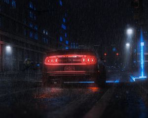Preview wallpaper sports car, car, rear view, neon, rain