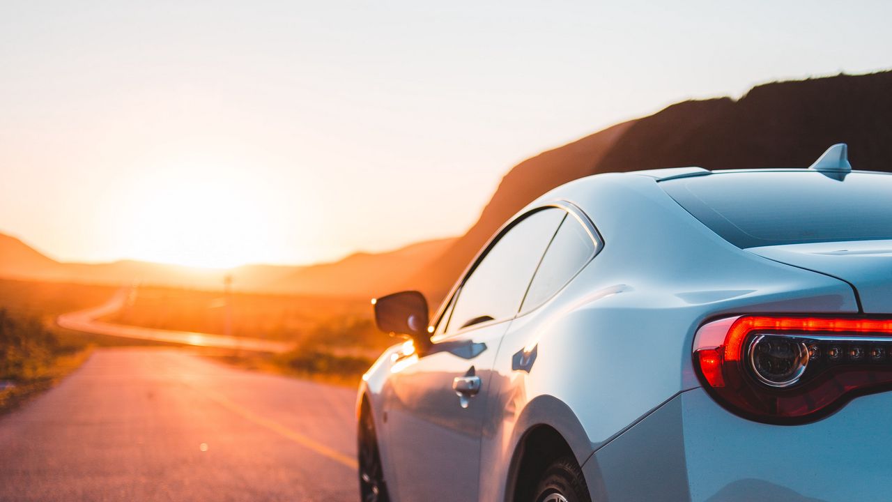 Wallpaper sports car, car, rear view, road, sunset