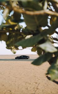 Preview wallpaper sports car, car, sand, branches, leaves