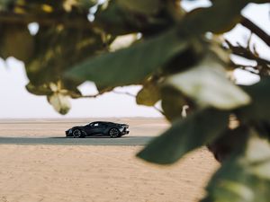 Preview wallpaper sports car, car, sand, branches, leaves