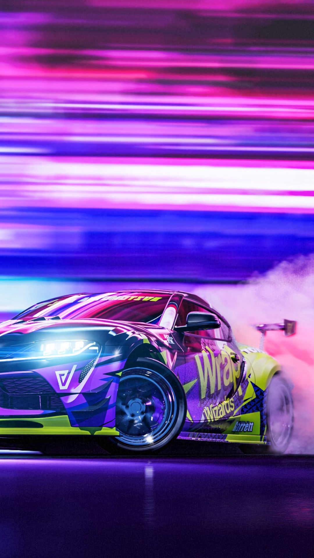 1080x1920 Wallpaper sportscar, drift, neon, smoke, speed