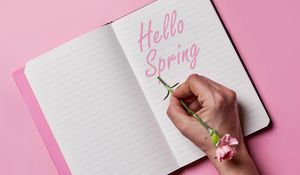 Preview wallpaper spring, phrase, words, flower, notebook, hand, pink