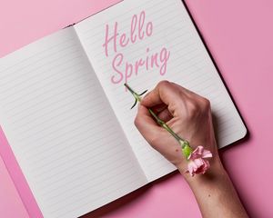 Preview wallpaper spring, phrase, words, flower, notebook, hand, pink