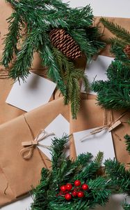 Preview wallpaper spruce, branches, cones, envelopes, new year, aesthetics