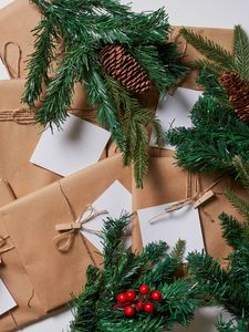 Preview wallpaper spruce, branches, cones, envelopes, new year, aesthetics