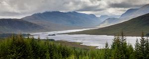 Preview wallpaper spruce, lake, slope, hills, clouds