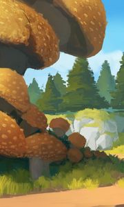 Preview wallpaper spruce, path, trees, forest, mushrooms, art