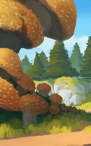 Preview wallpaper spruce, path, trees, forest, mushrooms, art