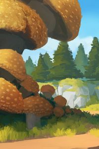 Preview wallpaper spruce, path, trees, forest, mushrooms, art