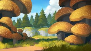 Preview wallpaper spruce, path, trees, forest, mushrooms, art