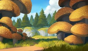 Preview wallpaper spruce, path, trees, forest, mushrooms, art