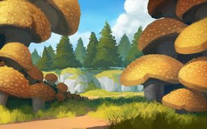Preview wallpaper spruce, path, trees, forest, mushrooms, art