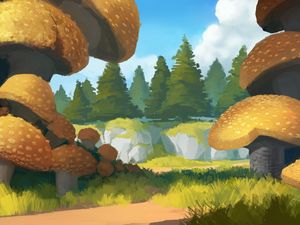 Preview wallpaper spruce, path, trees, forest, mushrooms, art