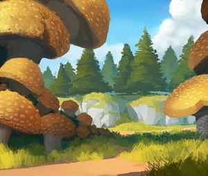 Preview wallpaper spruce, path, trees, forest, mushrooms, art