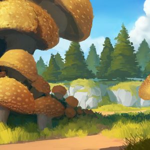 Preview wallpaper spruce, path, trees, forest, mushrooms, art