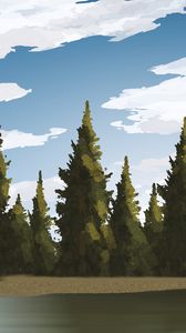 Preview wallpaper spruce, trees, forest, lake, art