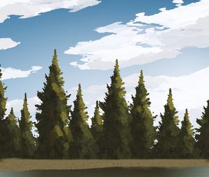 Preview wallpaper spruce, trees, forest, lake, art