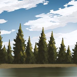 Preview wallpaper spruce, trees, forest, lake, art