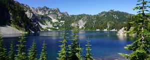 Preview wallpaper spruce, trees, lake, rocks, mountains