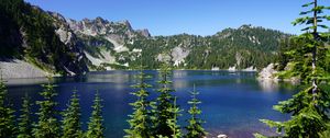 Preview wallpaper spruce, trees, lake, rocks, mountains