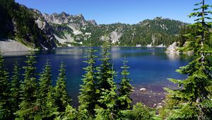 Preview wallpaper spruce, trees, lake, rocks, mountains