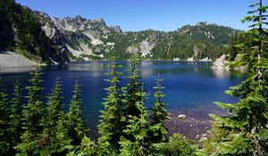 Preview wallpaper spruce, trees, lake, rocks, mountains