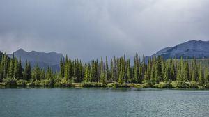 Preview wallpaper spruce, trees, mountains, lake, sky