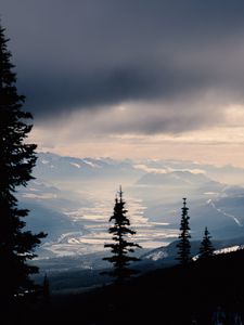 Preview wallpaper spruce, trees, mountains, snowy, distance