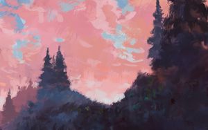 Preview wallpaper spruce, trees, paint, canvas, pink