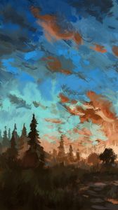 Preview wallpaper spruce, trees, sky, paint, canvas, art