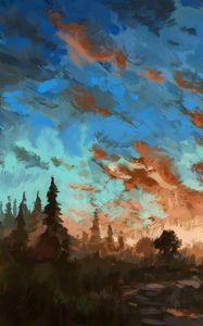 Preview wallpaper spruce, trees, sky, paint, canvas, art