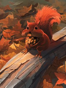 Preview wallpaper squirrel, nuts, food, foliage, autumn