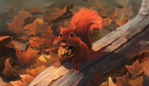 Preview wallpaper squirrel, nuts, food, foliage, autumn