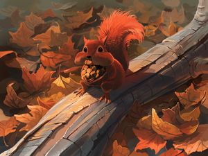 Preview wallpaper squirrel, nuts, food, foliage, autumn