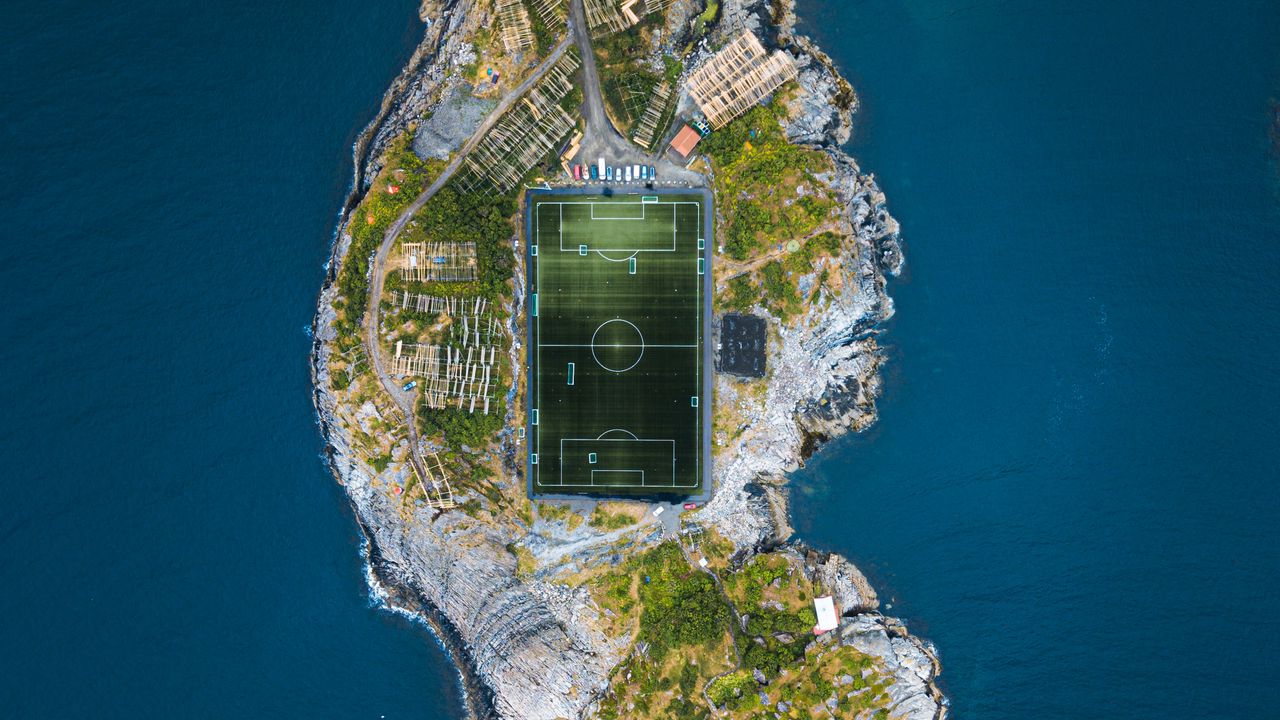 Wallpaper stadium, island, city, aerial view, sea