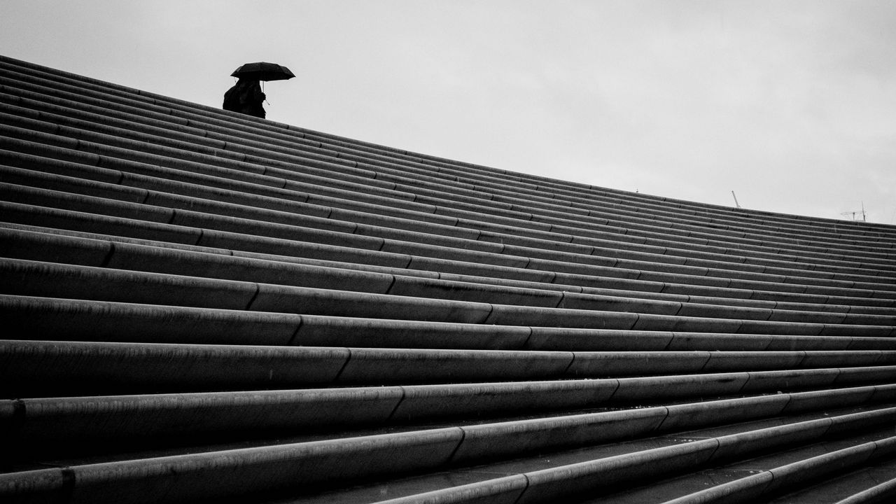 Wallpaper staircase, bw, umbrella, loneliness