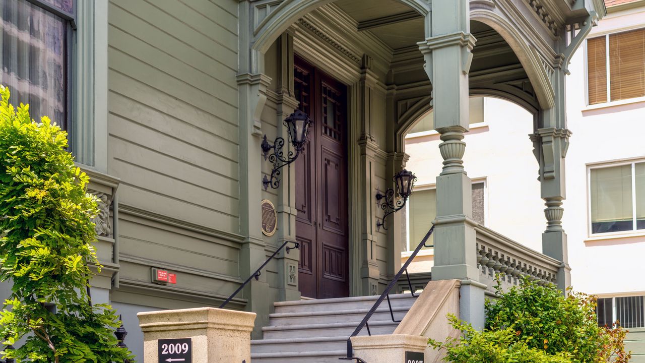 Wallpaper staircase, door, columns, building, architecture