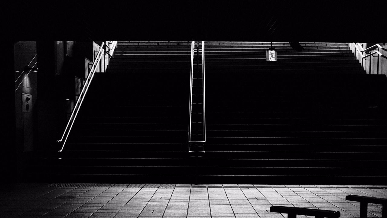 Wallpaper staircase, railing, bw, dark