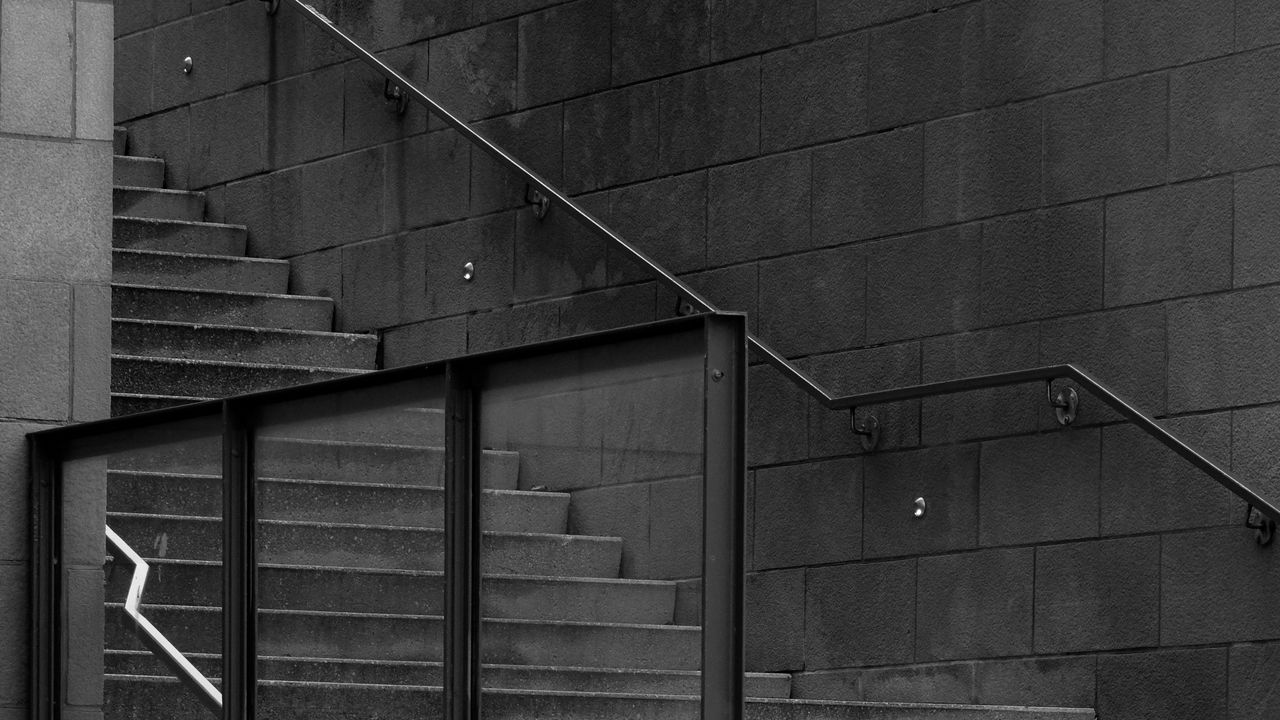 Wallpaper staircase, railings, shadows, black and white