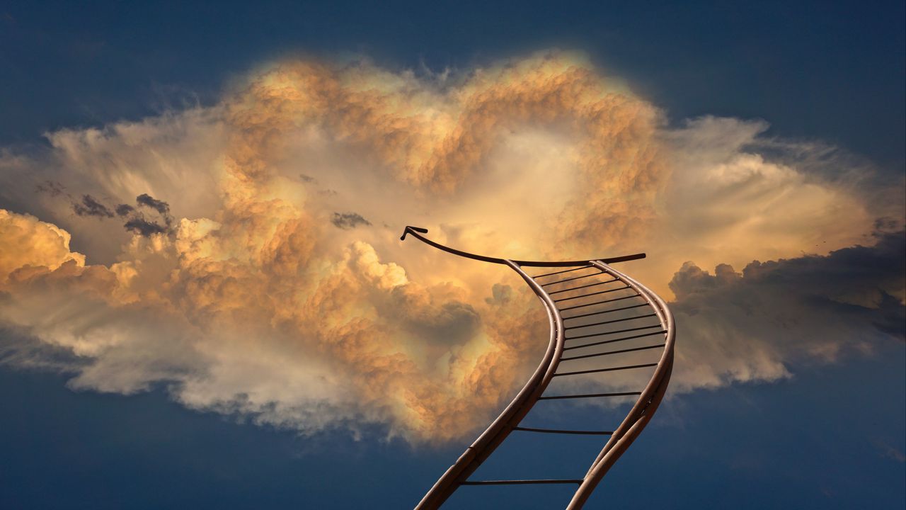 Wallpaper staircase, sky, arrow, clouds, direction