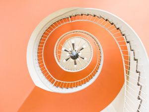 Preview wallpaper staircase, spiral, architecture, bottom view, orange