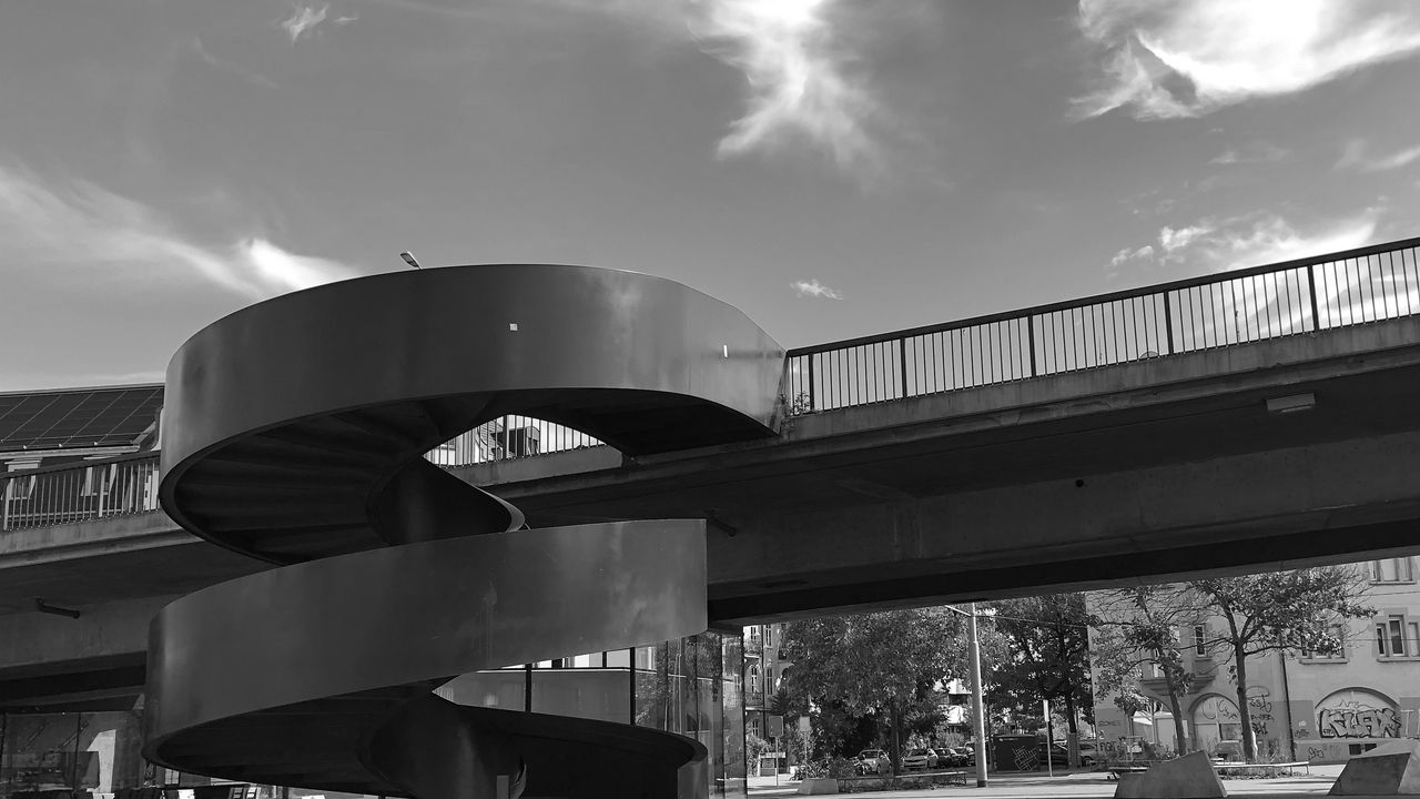 Wallpaper stairs, bridge, street, buildings, bw