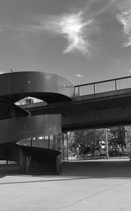 Preview wallpaper stairs, bridge, street, buildings, bw
