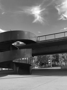 Preview wallpaper stairs, bridge, street, buildings, bw