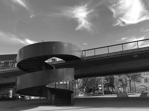 Preview wallpaper stairs, bridge, street, buildings, bw
