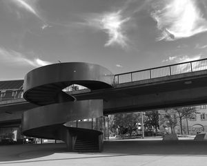 Preview wallpaper stairs, bridge, street, buildings, bw