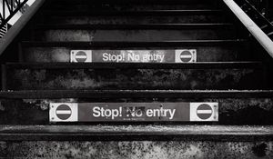 Preview wallpaper stairs, bw, inscription, prohibition, sign