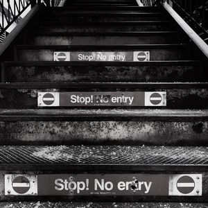 Preview wallpaper stairs, bw, inscription, prohibition, sign