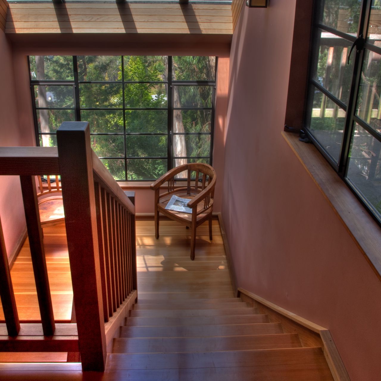 1280x1280 Wallpaper stairs, chair, railings, windows, interior, trees