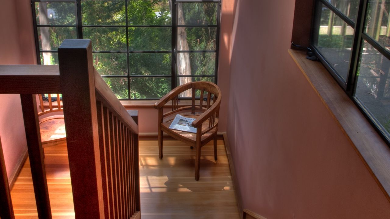 Wallpaper stairs, chair, railings, windows, interior, trees